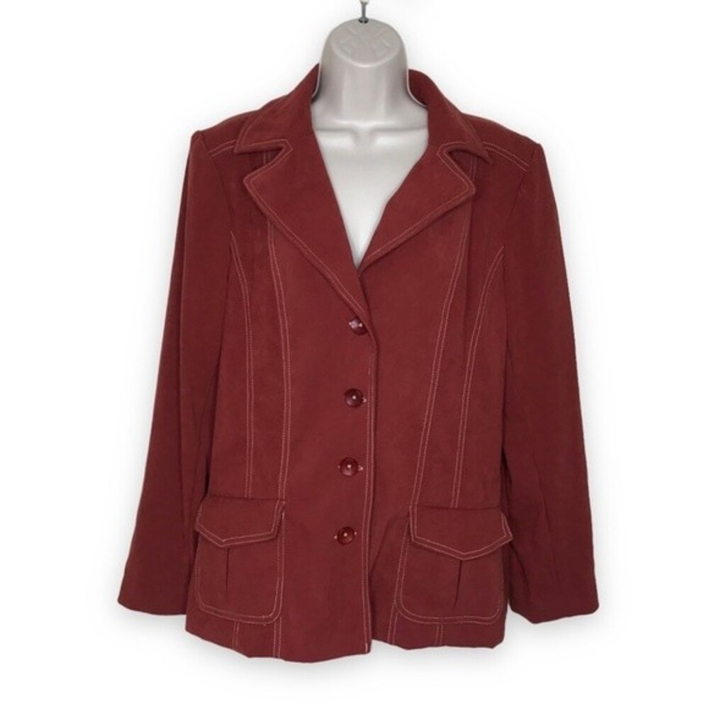 Studio I Retro Style Contrast Stitch Wide Lapel Rust Jacket Pockets Women 16